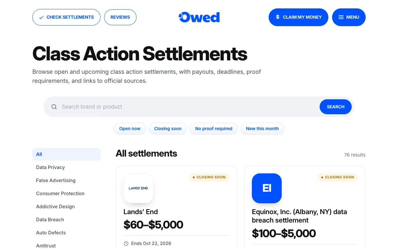 Owed's settlements directory with search, filters for open, closing-soon and no-proof cases, and settlement cards showing payouts and deadlines